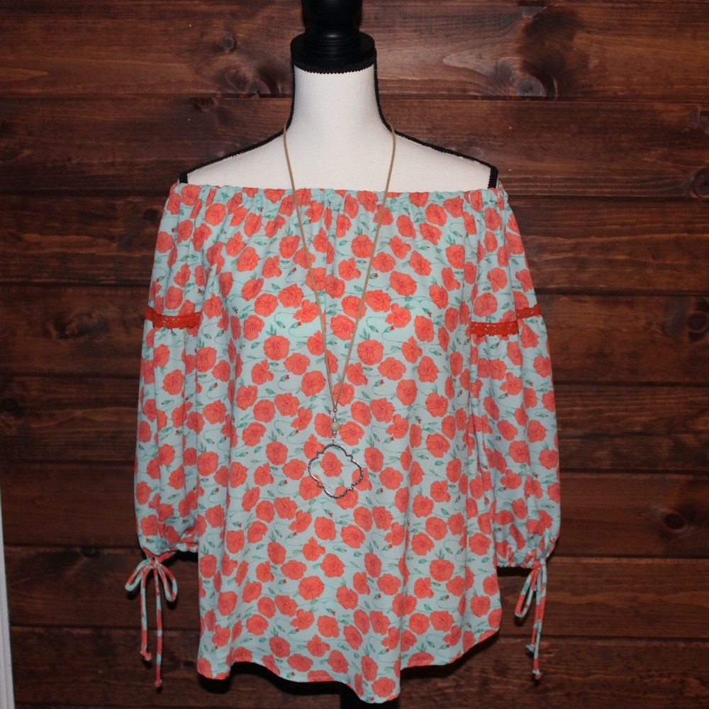 Women's Floral Print Off Shoulder Tope Coral Mint